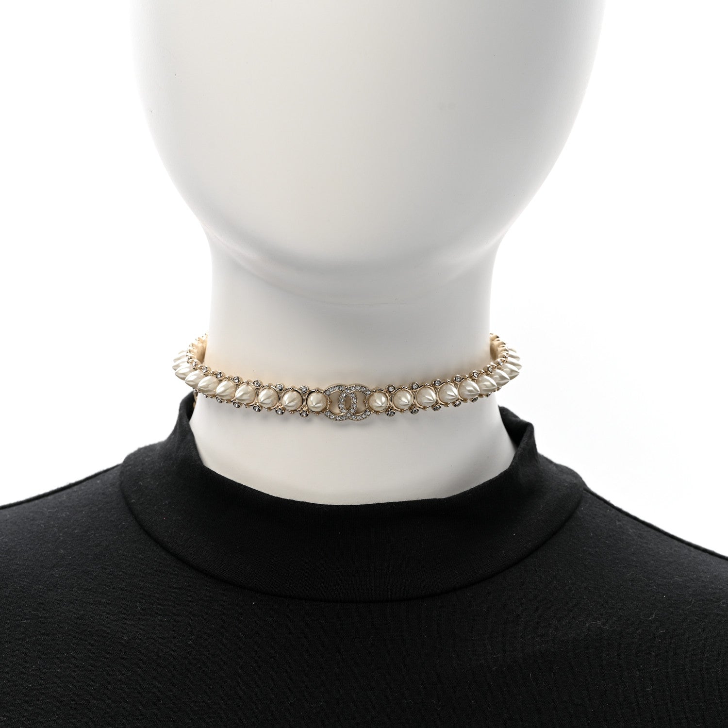 Chanel Strass Crystal Studded Pearl CC Choker Necklace Gold Pearly White 2 of 6