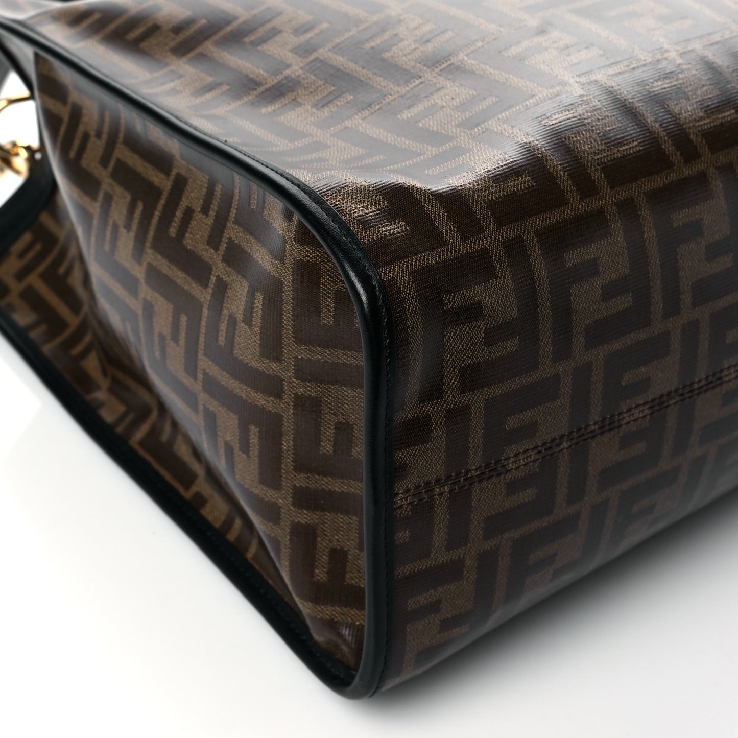 Glazed Fabric Vitello Century Plexiglass FF 1974 Stamp Patch Medium Runaway Shopper Tote Mogano Panna Black