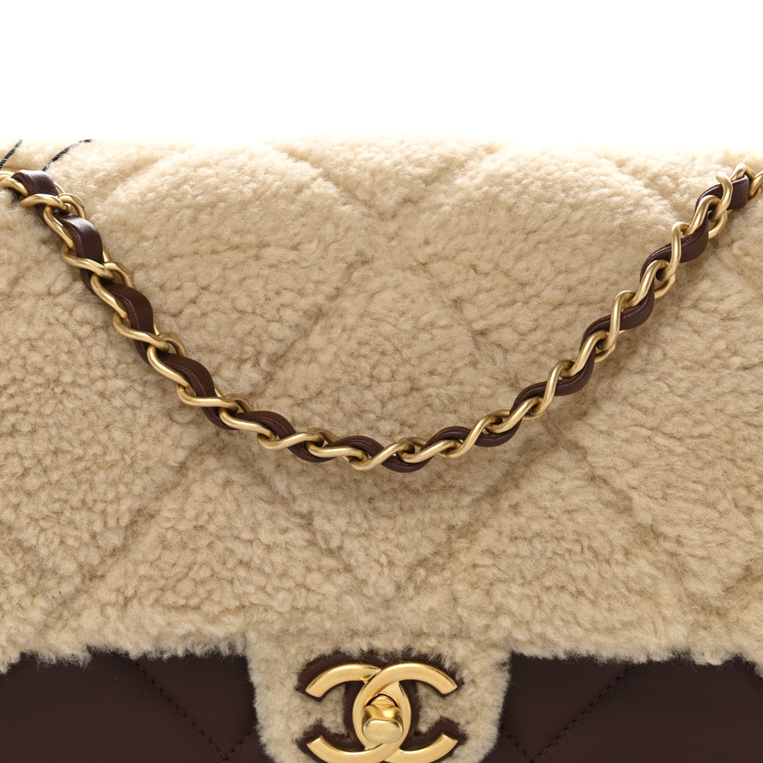 Chanel Shearling Lambskin Quilted Furry Coco Flap Dark Brown Beige