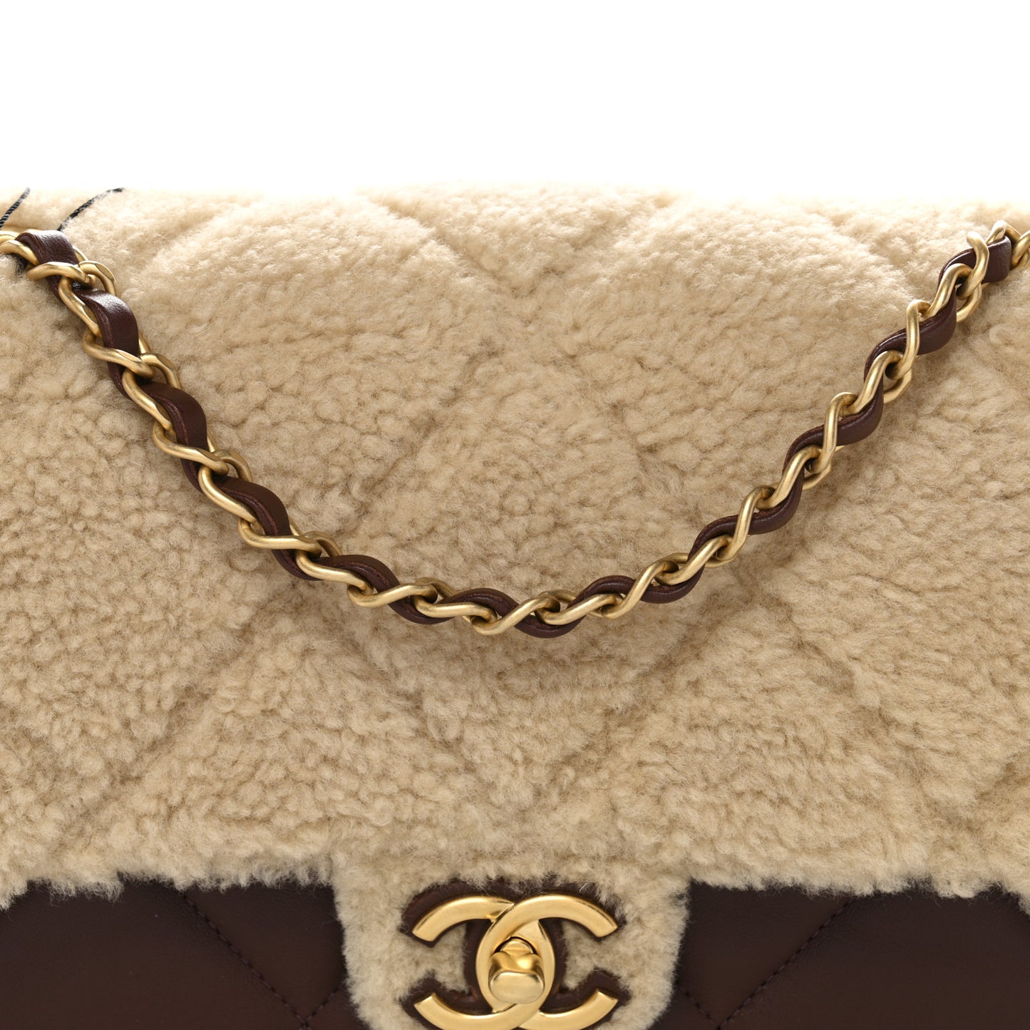 Shearling Lambskin Quilted Furry Coco Flap Beige Dark Brown