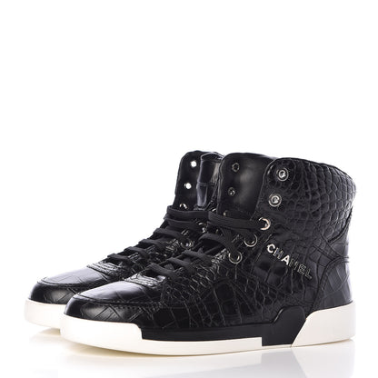 Chanel Calfskin Crocodile Embossed Mens Cocodile High Top Sneakers 42 Black 3 of 11