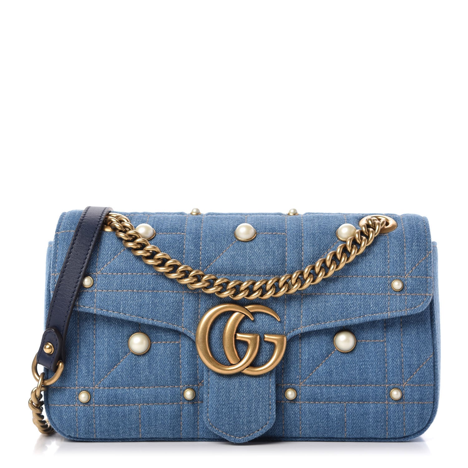 Gucci Denim Matelasse Pearl Studded Small GG Marmont Shoulder Bag Blue 1 of 9