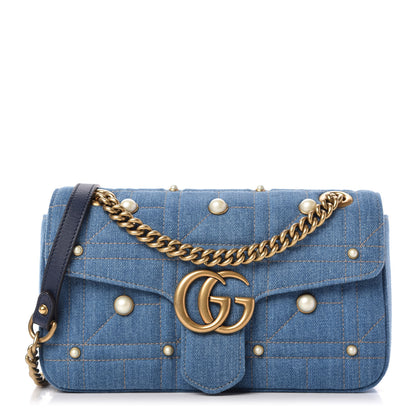 Gucci Denim Matelasse Pearl Studded Small GG Marmont Shoulder Bag Blue 1 of 9