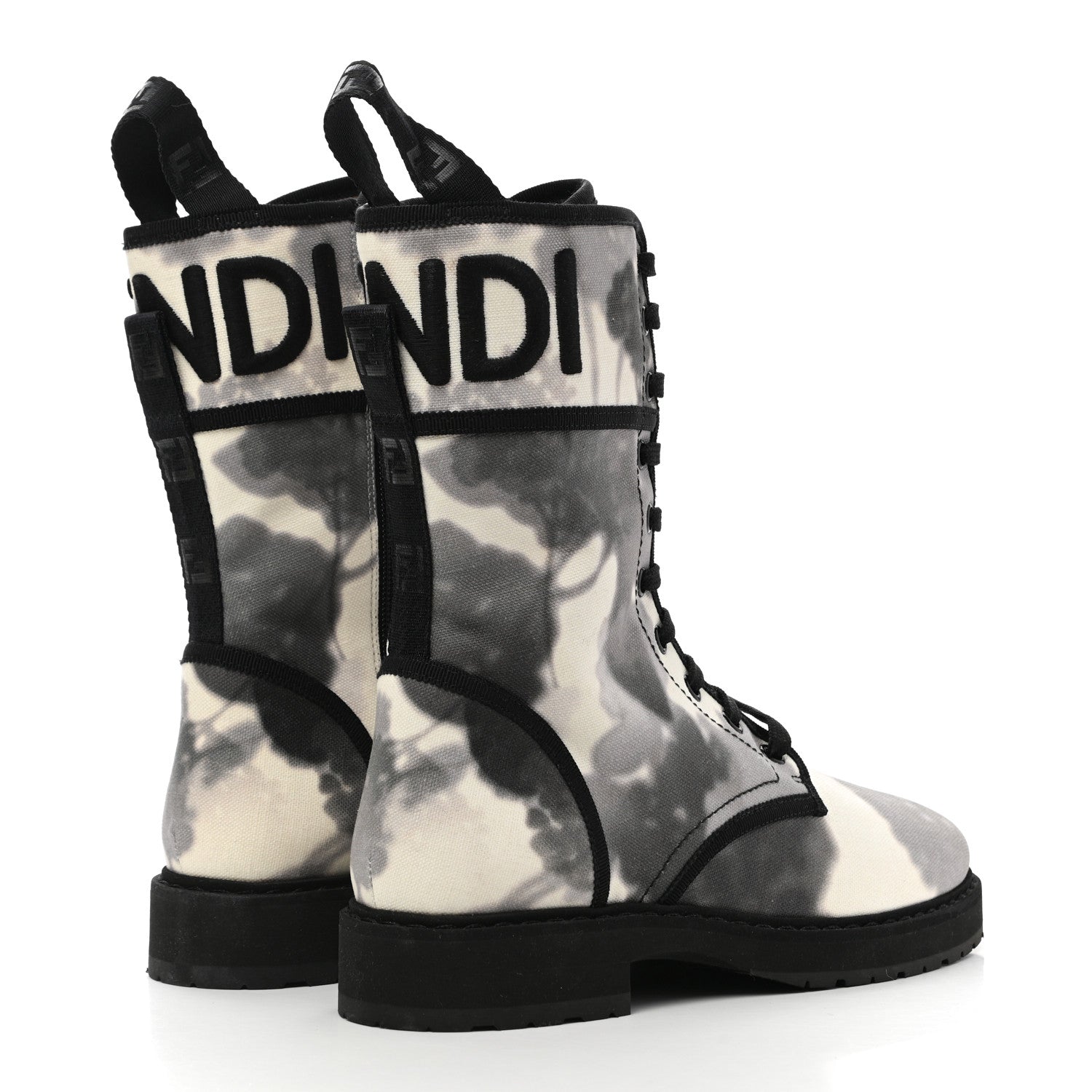 Fendi Canvas Floral Print Logo Bi-Color Womens Biker Boots 37.5 White Black 4 of 8