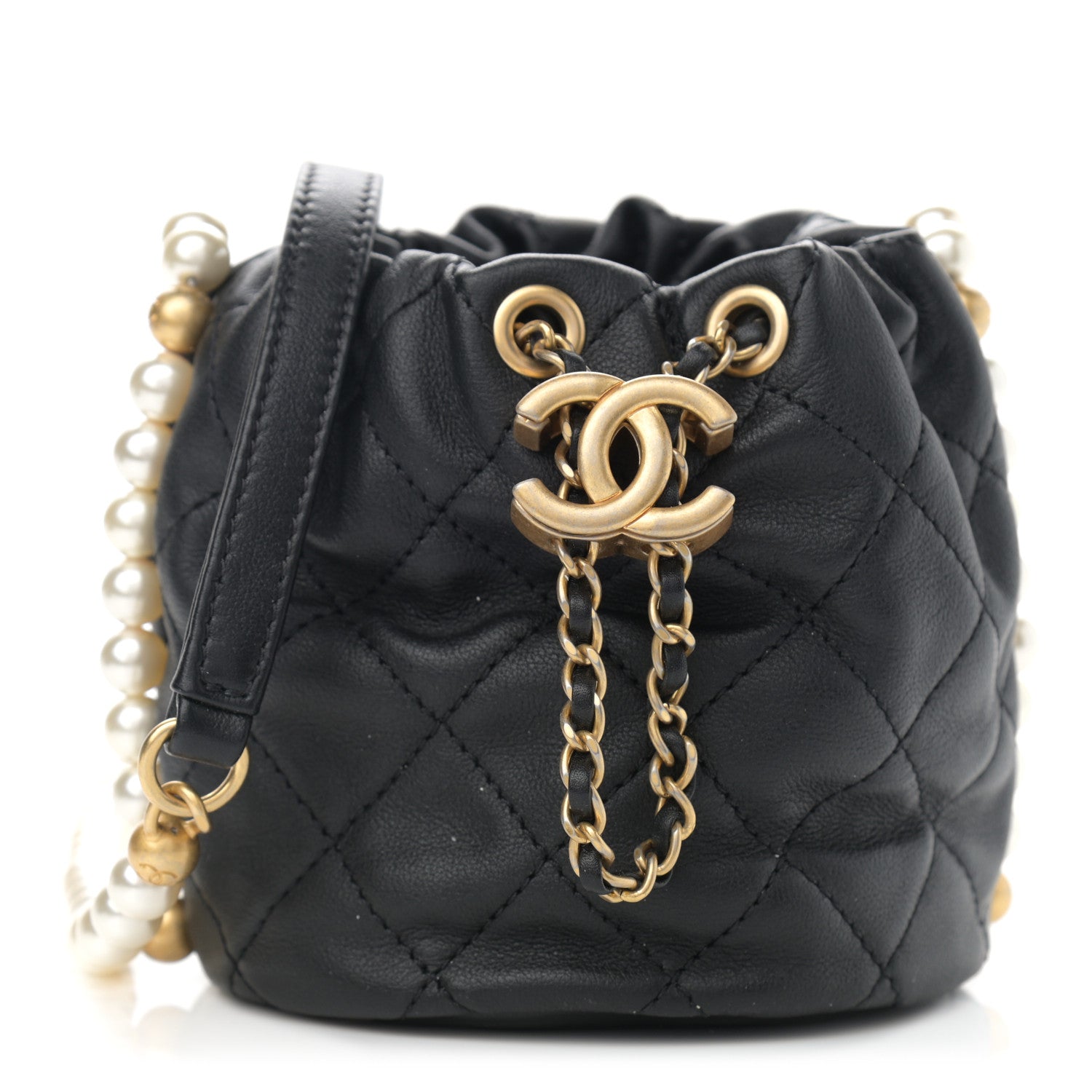 Chanel Calfskin Quilted Pearl Mini About Pearls Drawstring Bucket Bag Black 1 of 10