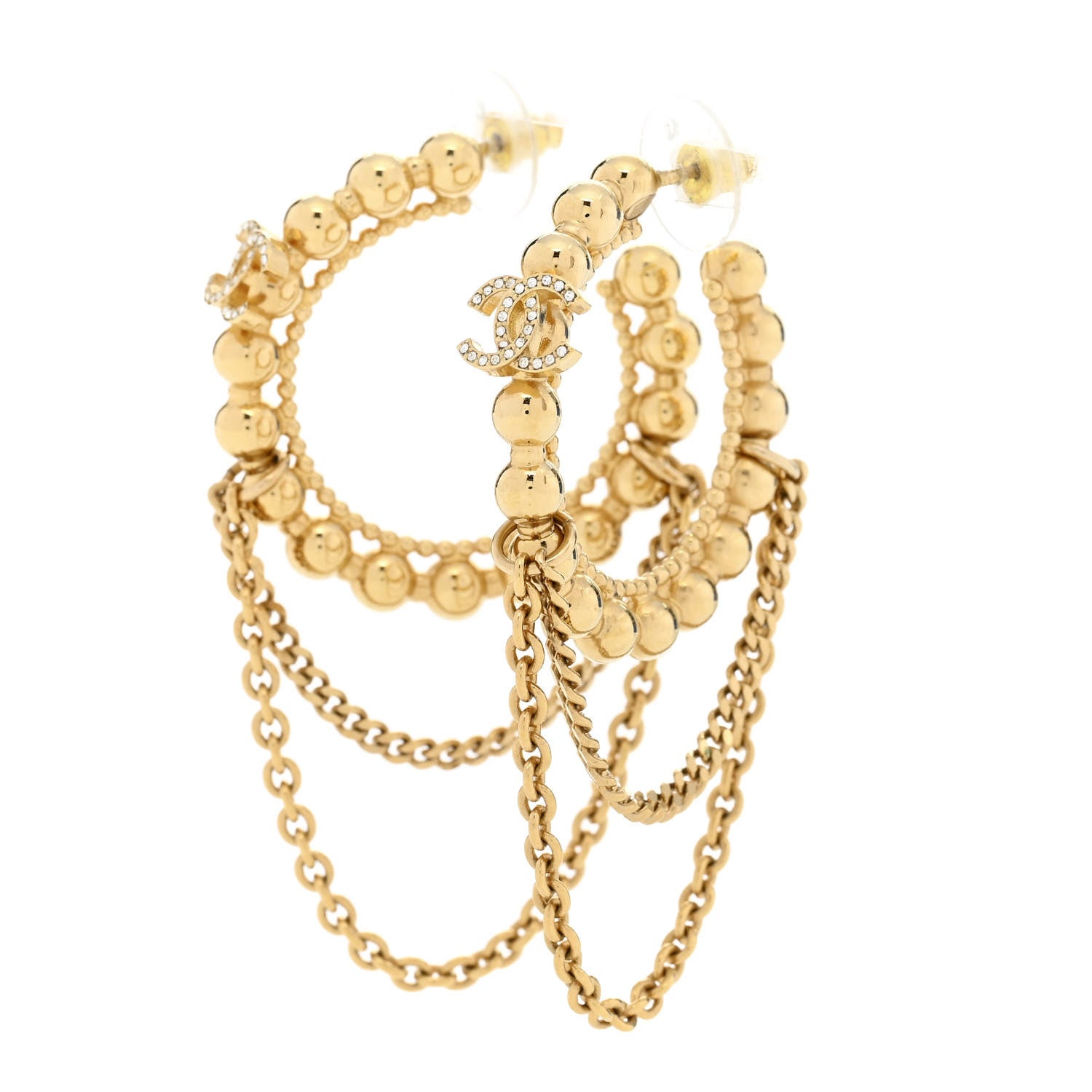 Chanel Metal Crystal Bead Chain CC Hoop Earrings Gold 3 of 5