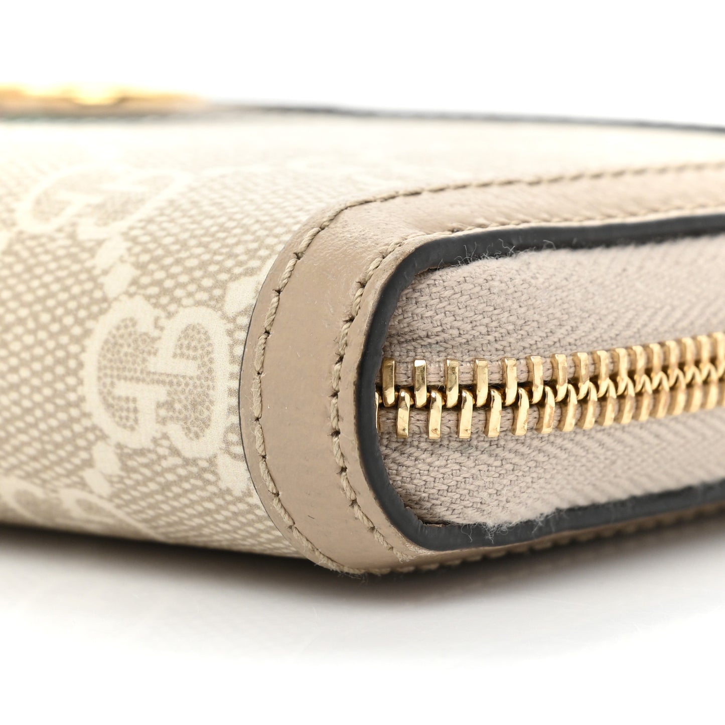 GG Supreme Monogram Textured Dollar Calfskin Web Ophidia Zip Around Wallet Beige Mystic White Oatmeal