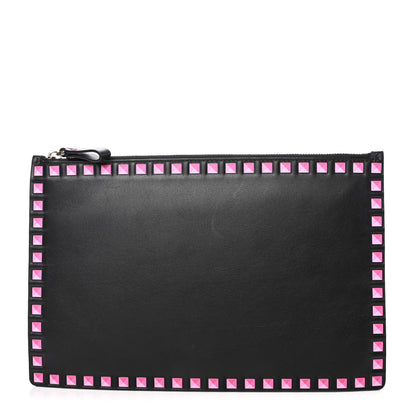 Valentino Garavani Vitello Rockstud Print Large Zip Pouch Black Peony 1 of 4