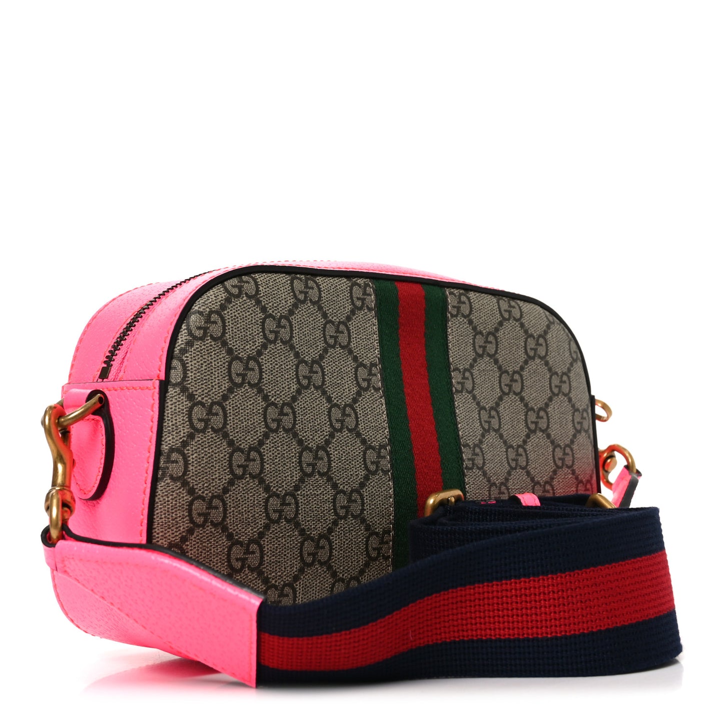 GG Supreme Monogram Textured Dollar Calfskin Web Ophidia Small Crossbody Bag Beige Ebony Fuchsia