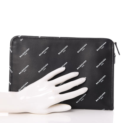 Balenciaga Calfskin Allover Logo Mini Bazar Pouch Black White 2 of 7