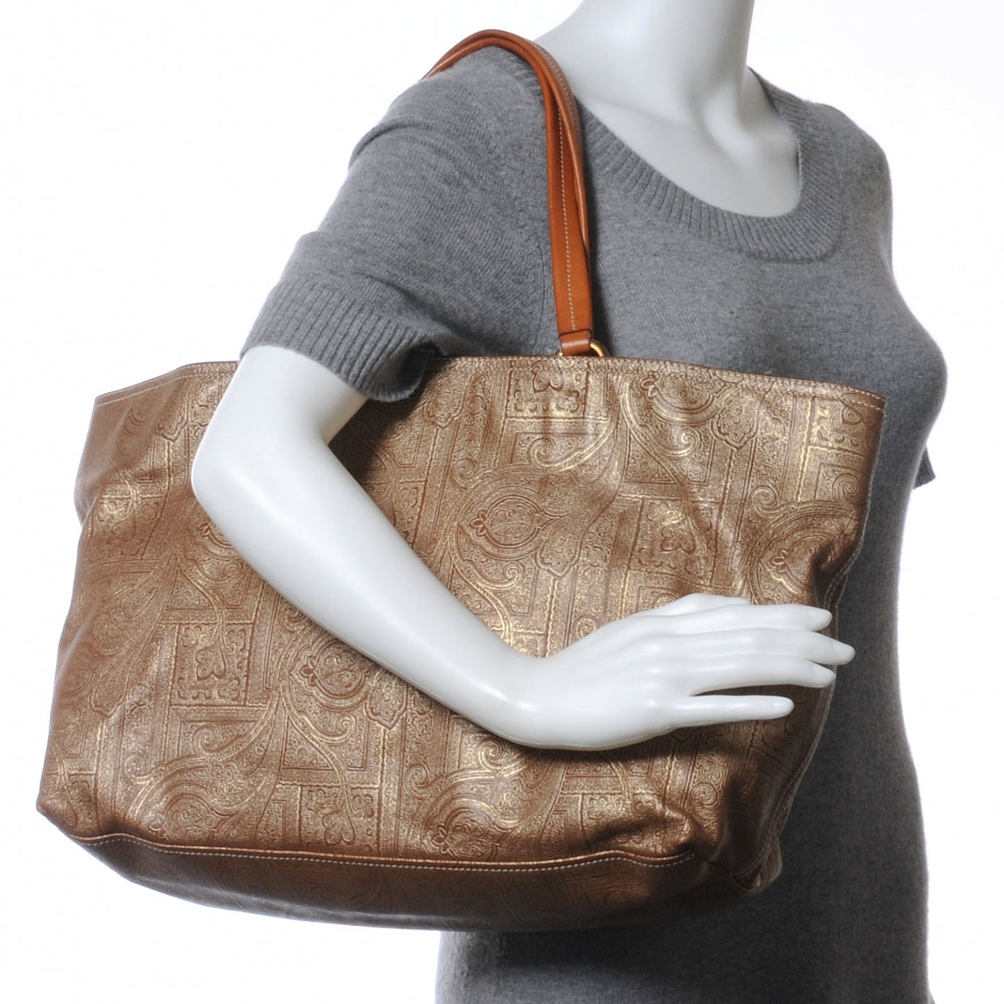 Leather Paisley Laminated Tote Cammello Cuoio