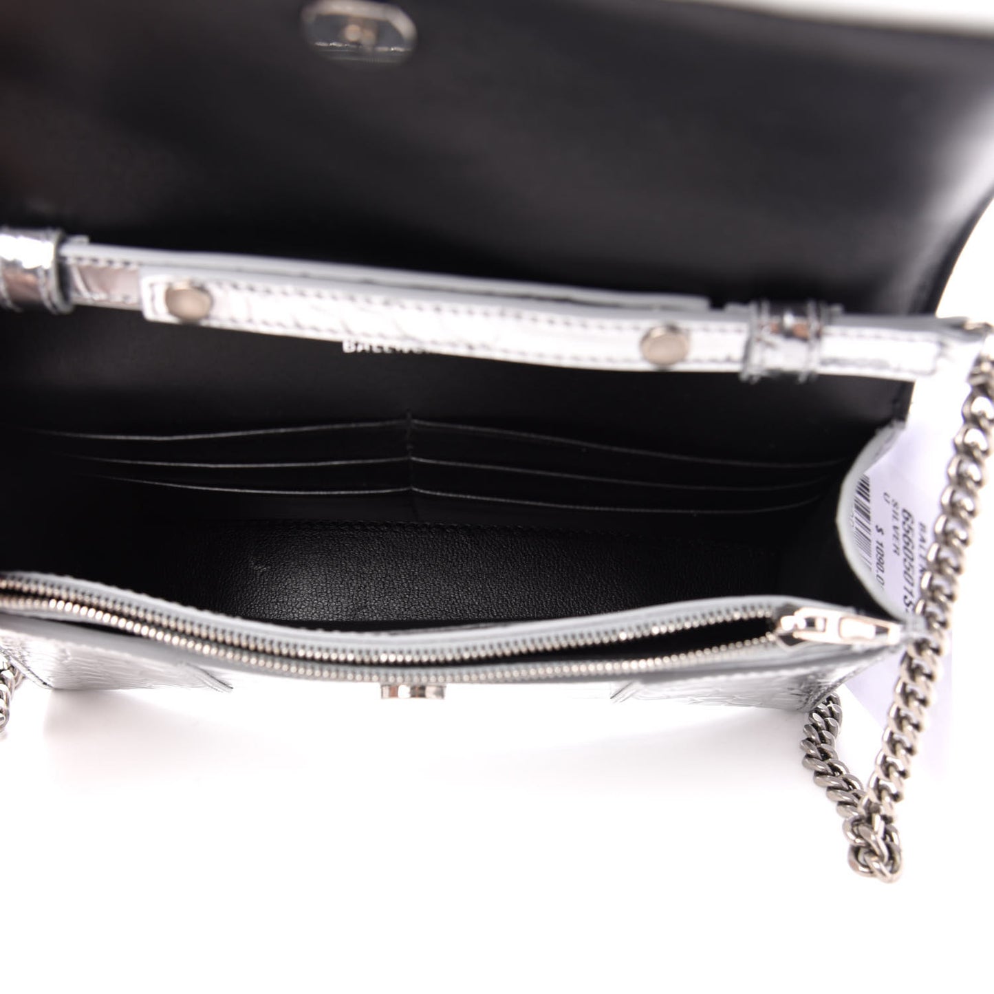 Metallic Calfskin Crocodile Embossed Hourglass Chain Bag Silver