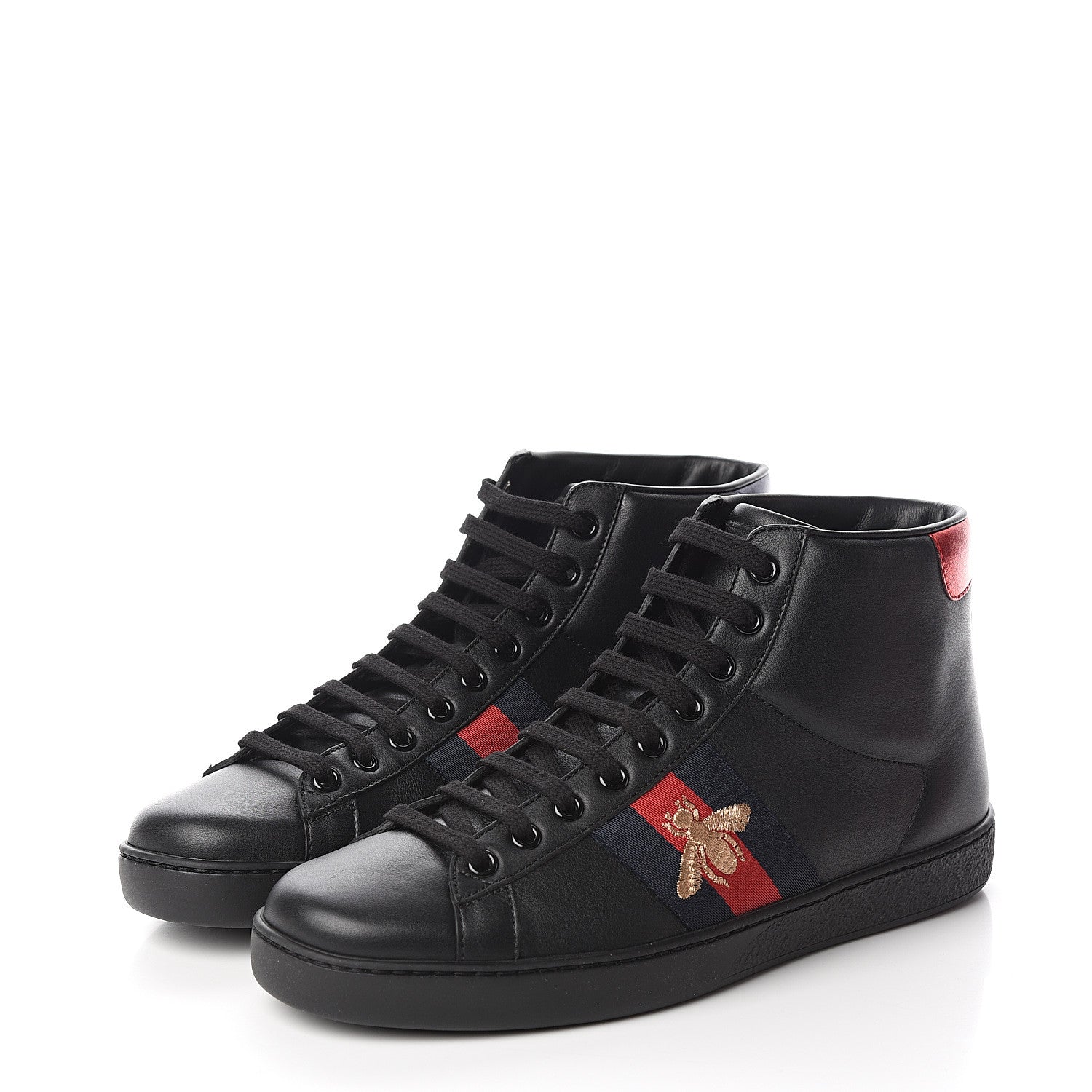 Gucci Calfskin Miro Soft Web Bee Embroidered Mens Ace High Top Sneakers 6.5 Black 3 of 9
