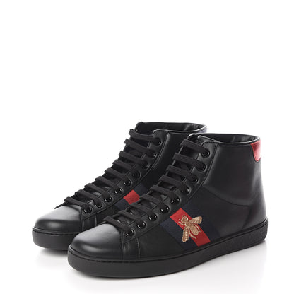 Gucci Calfskin Miro Soft Web Bee Embroidered Mens Ace High Top Sneakers 6.5 Black 3 of 9