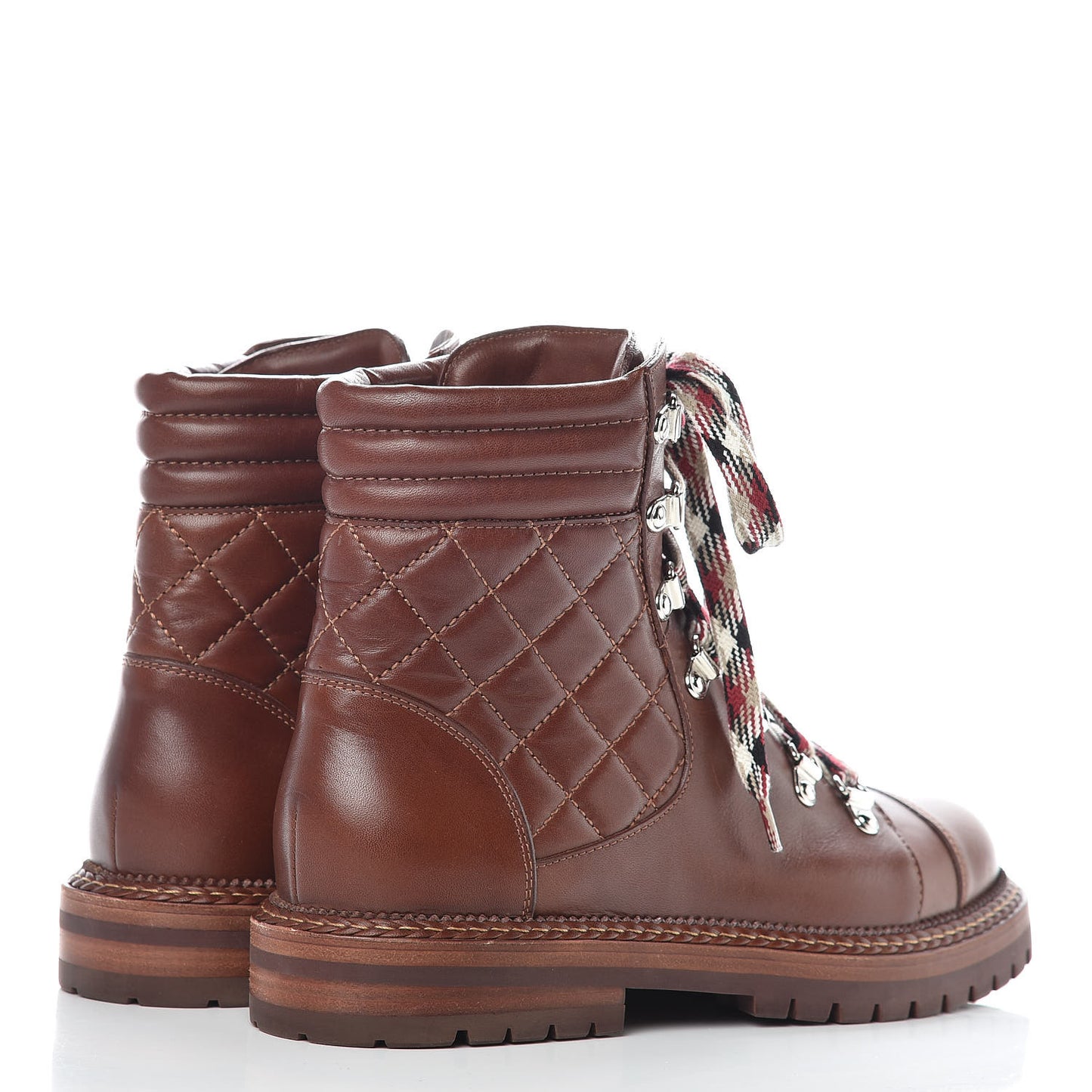 Lambskin Quilted Lace Up Boots 37.5 Brown