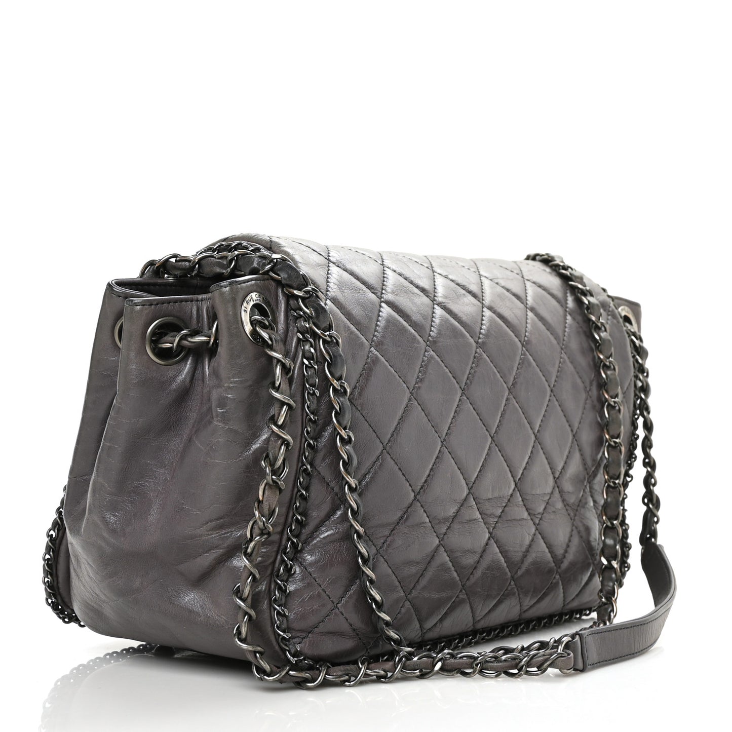 Calfskin Quilted Large CC Enchained Accordion Flap Grey