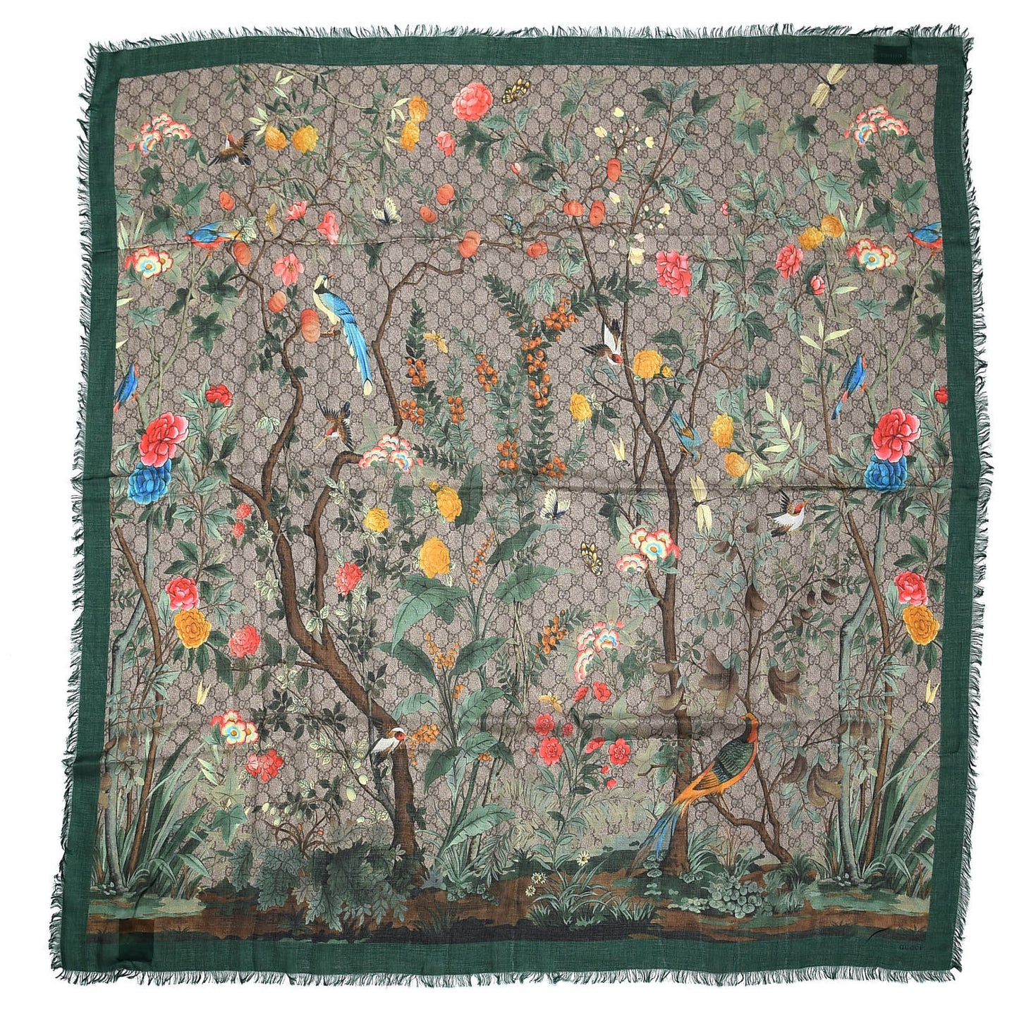 Modal Silk GG Monogram GG Tian Shawl Scarf Green Dark Green