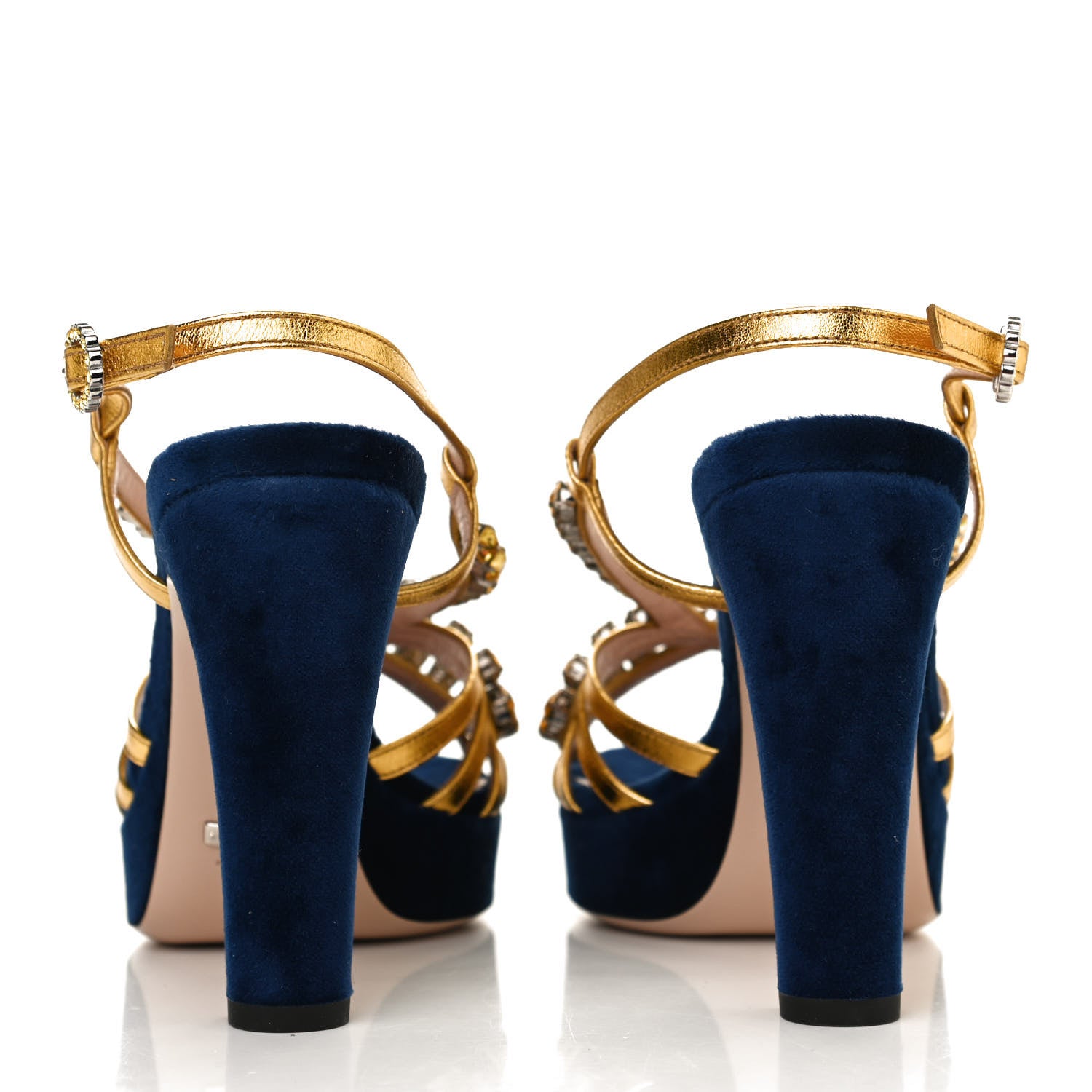Gucci Velvet Nappa Crystal Zephyra Slingback Platform High Heel Sandals 37 Blue Gold 8 of 9