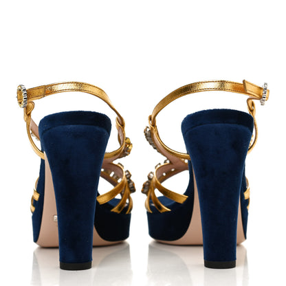 Gucci Velvet Nappa Crystal Zephyra Slingback Platform High Heel Sandals 37 Blue Gold 8 of 9
