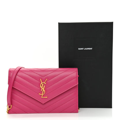 Saint Laurent Grain De Poudre Matelasse Chevron Monogram Envelope Chain Wallet Fresh Fuchsia 10 of 10