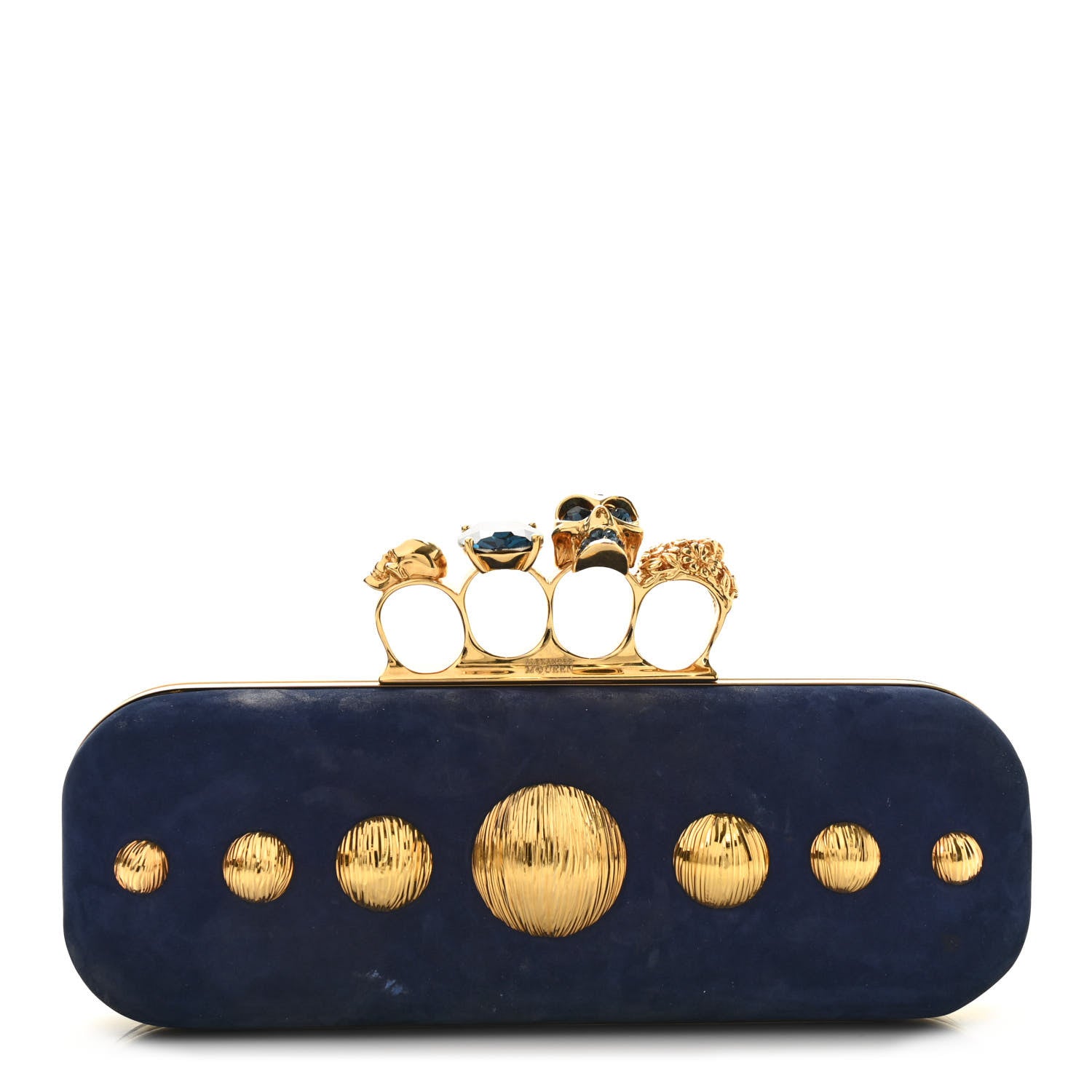 Alexander McQueen Suede Studded Skull Knuckle Box Clutch Navy 1 of 14