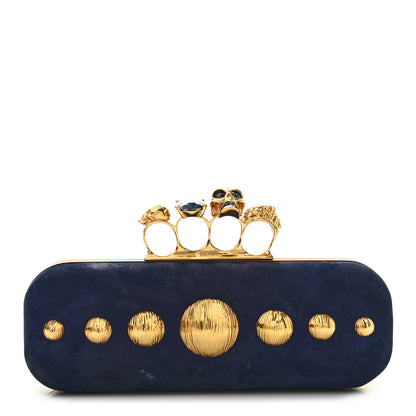 Alexander McQueen Suede Studded Skull Knuckle Box Clutch Navy 1 of 14