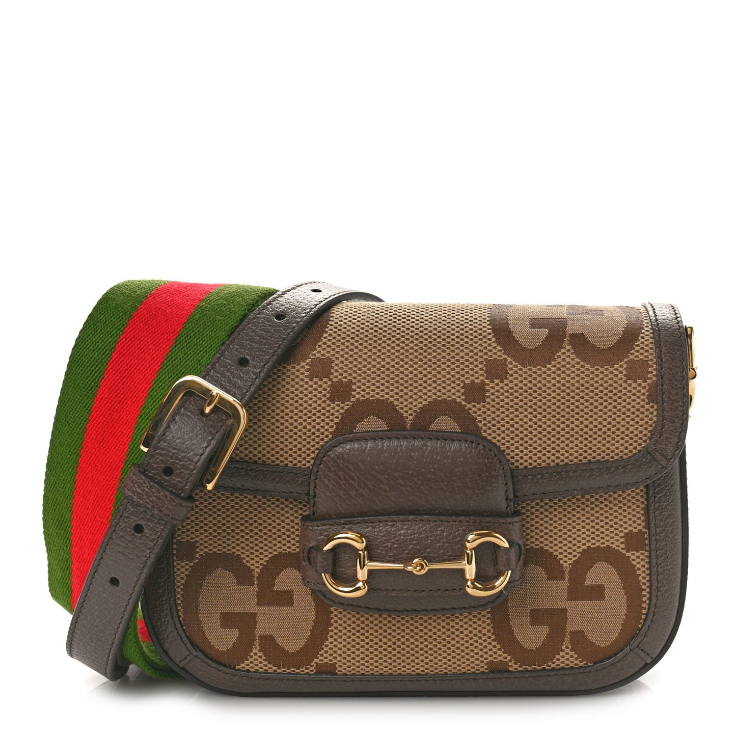 Monogram Jumbo GG Textured Dollar Calfskin Web Mini Horsebit 1955 Shoulder Bag Camel Ebony New Acero