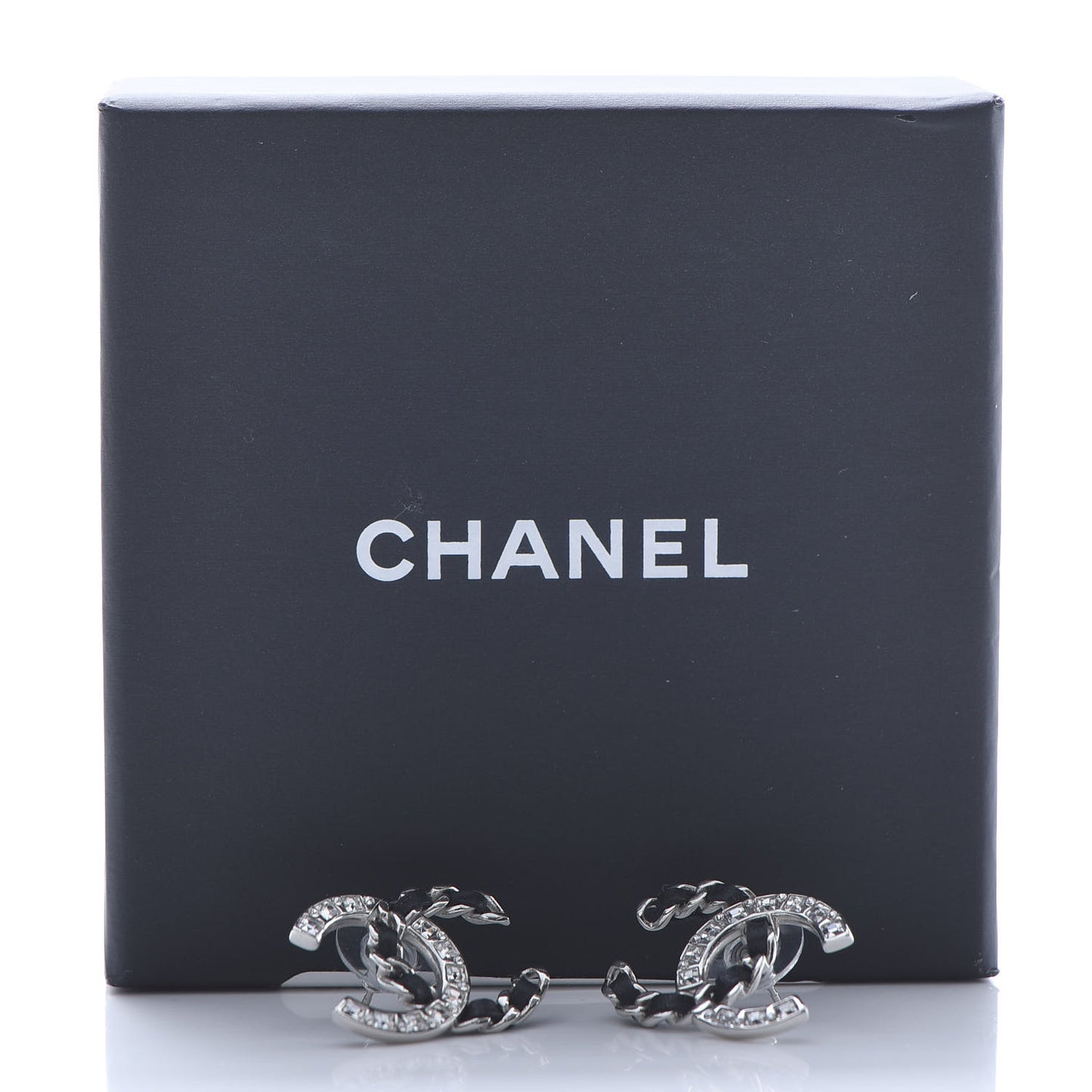 Crystal Baguette Lambskin Chain CC Vintage Allure Stud Earrings Black Silver