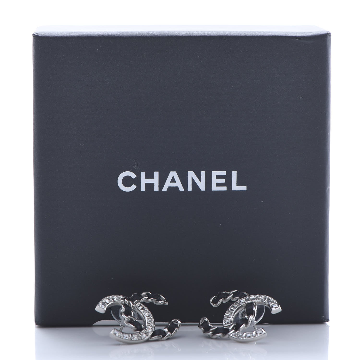 Chanel Crystal Baguette Lambskin Chain CC Vintage Allure Stud Earrings Black Silver 5 of 5