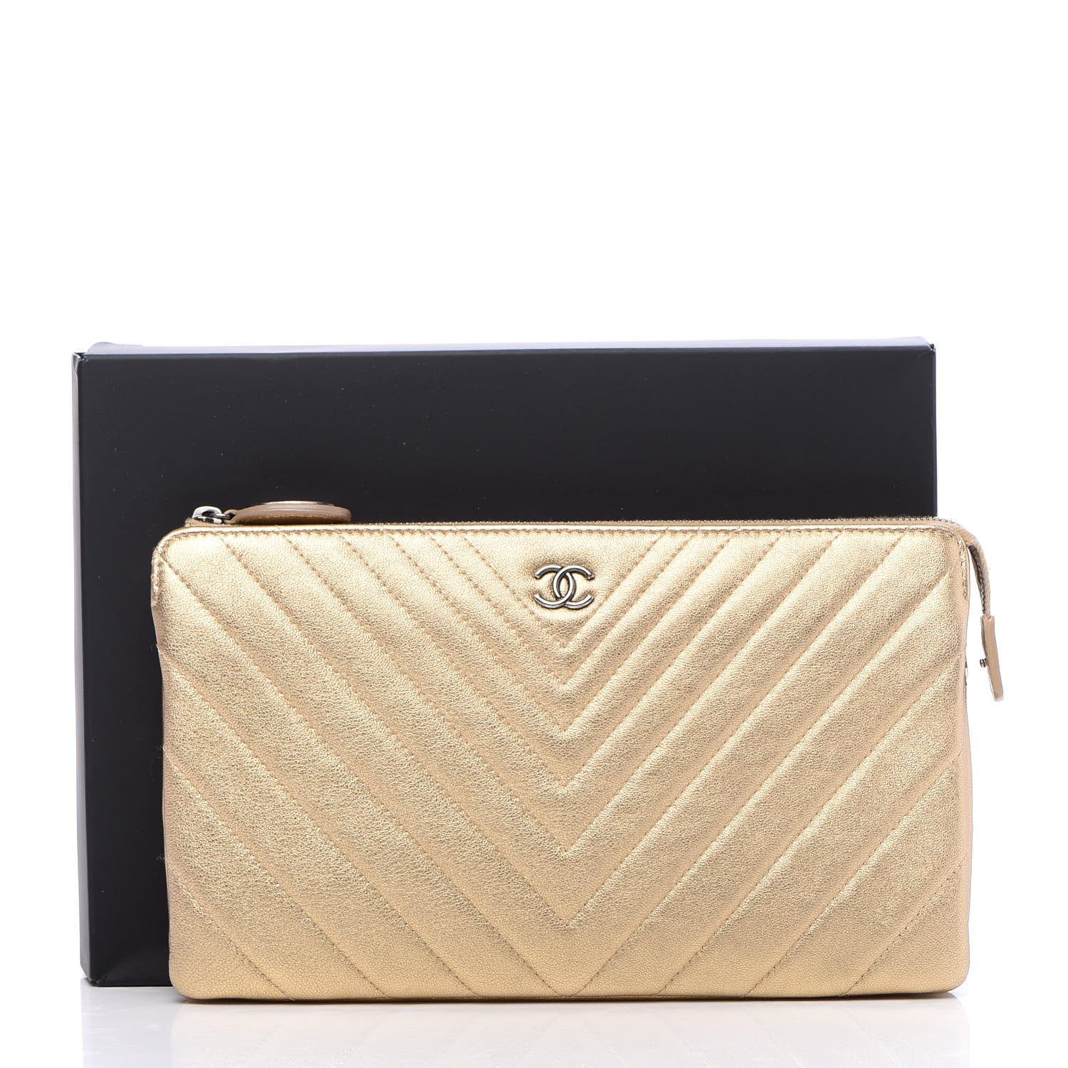 Chanel Metallic Calfskin Chevron Quilted Medium Cosmetic Case Light Gold 11 of 11