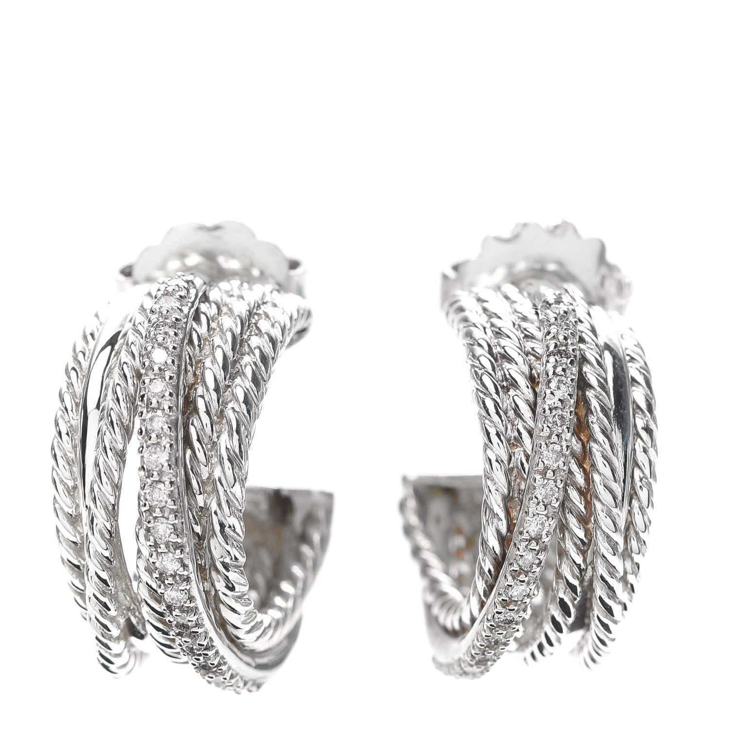David Yurman Sterling Silver Diamond 11mm Crossover Cable Hoop Earrings 1 of 4