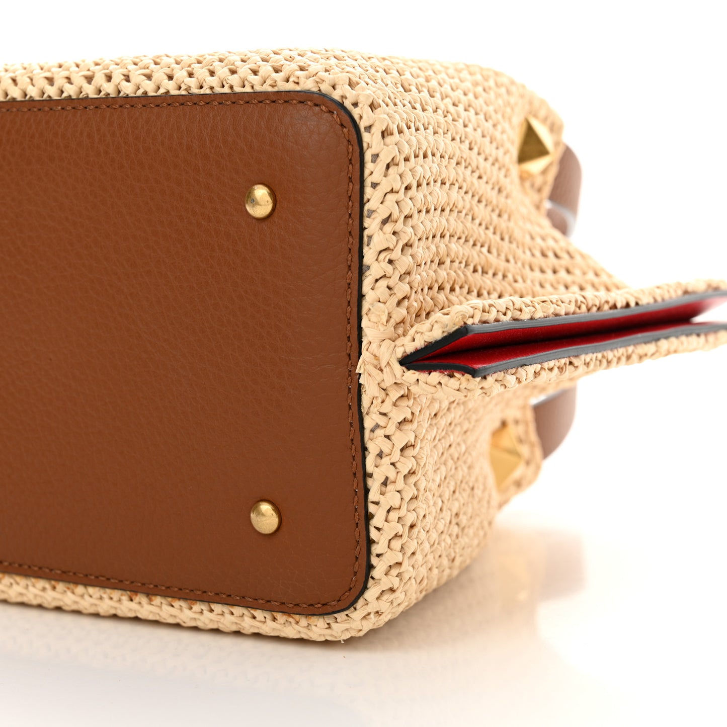 Raffia Grained Calfskin Small Rockstud Vlogo Tote Naturale