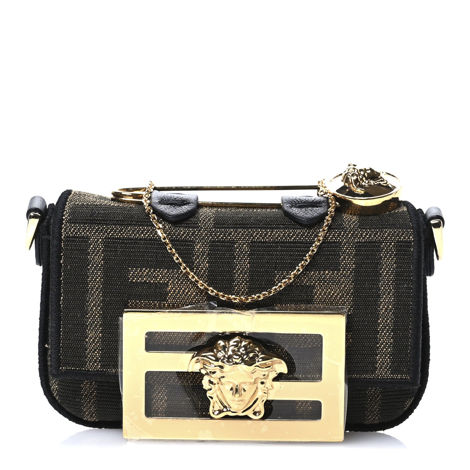 Fendi X VERSACE Fabric Jacquard Fendace FF Nano Brooch Baguette Tobacco Black 1 of 9
