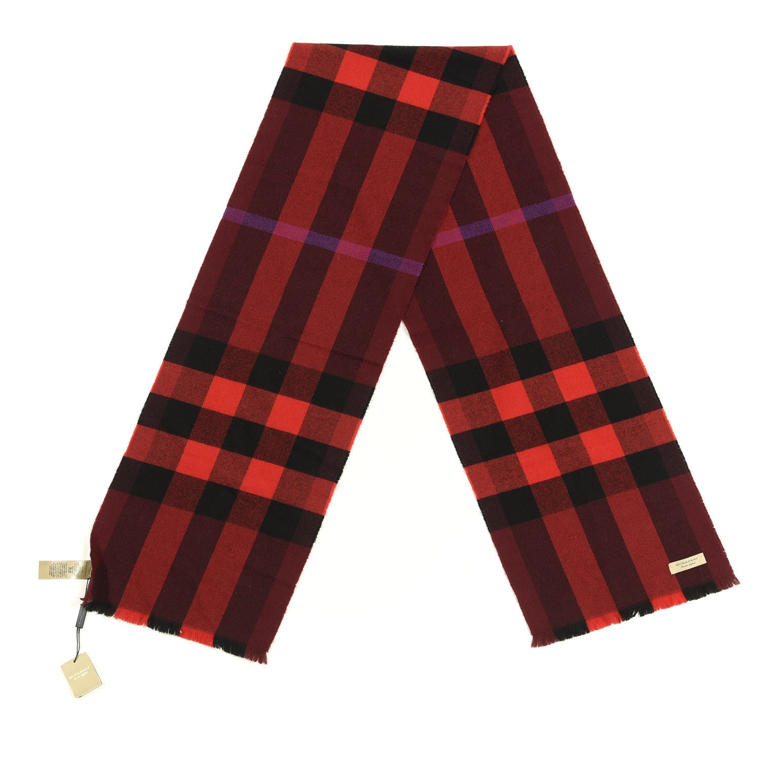 Burberry Wool Cashmere Giant Exploded Check Fringe Scarf Claret 2 of 3