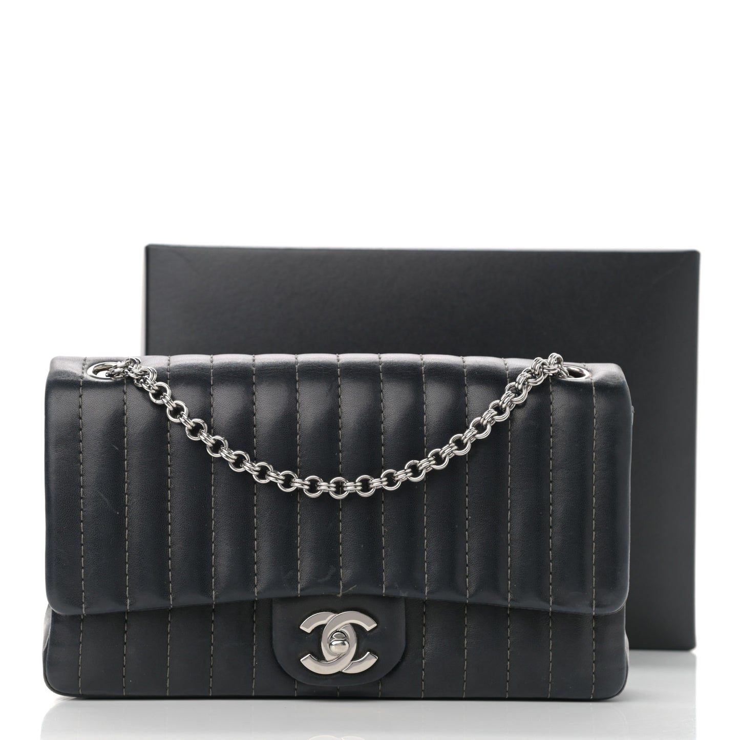 Lambskin Vertical Quilted Medium Single Flap Black