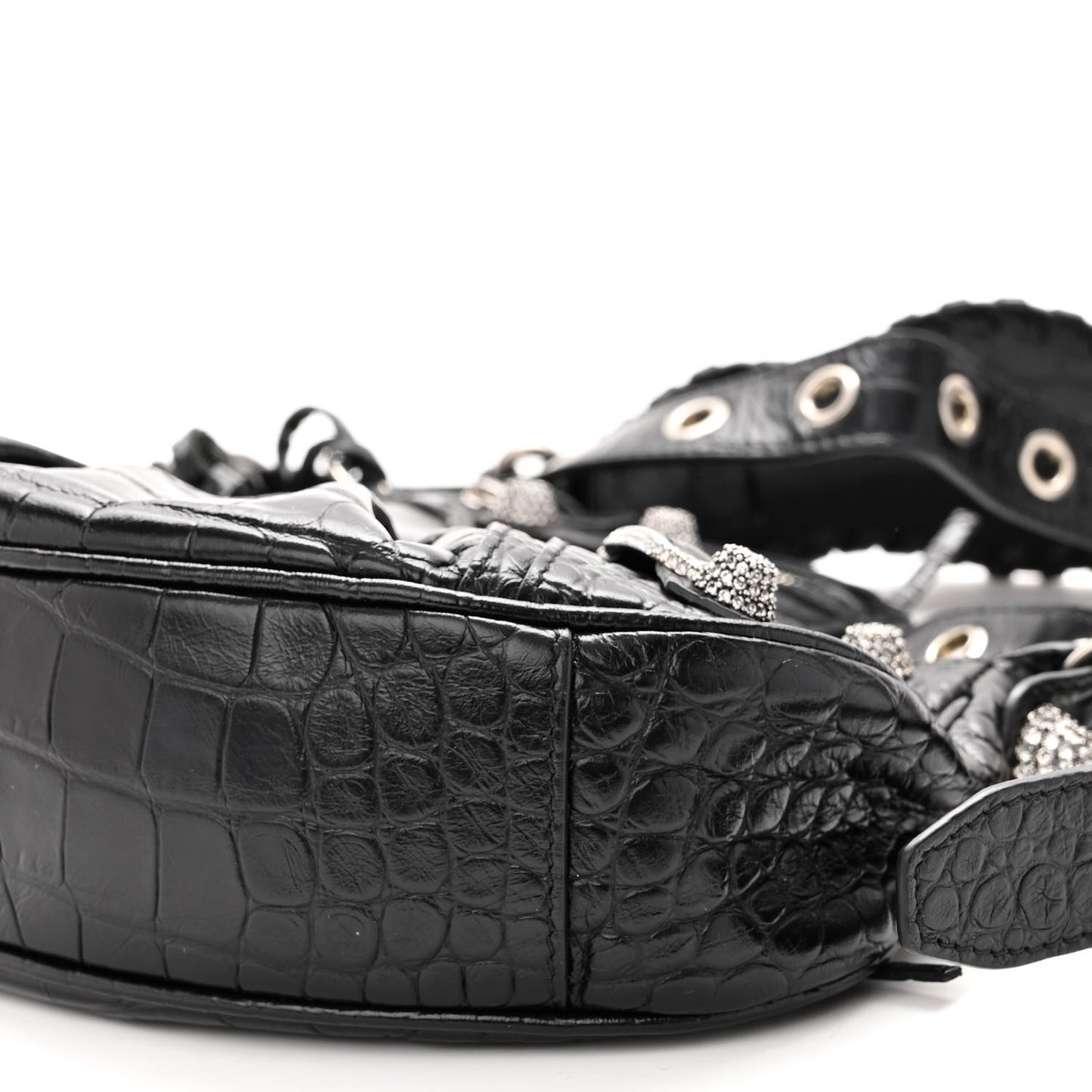 Extra Supple Calfskin Crystal Crocodile Embossed Le Cagole Shoulder Bag XS Black