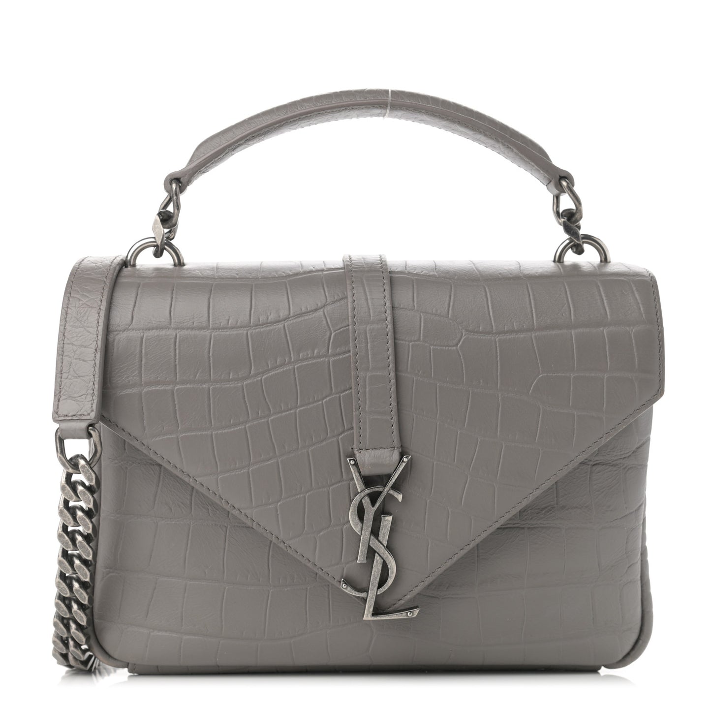 Calfskin Crocodile Embossed Medium College Monogram Satchel Gray