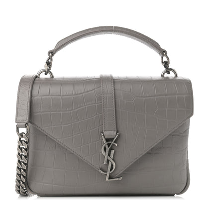 Saint Laurent Calfskin Crocodile Embossed Medium College Monogram Satchel Gray 1 of 14