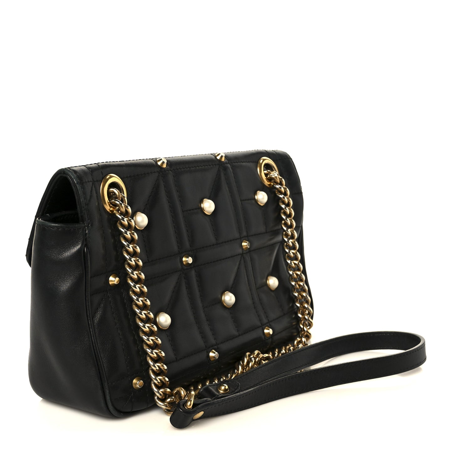 Calfskin Matelasse Studded Small Pearly GG Marmont Shoulder Bag Black