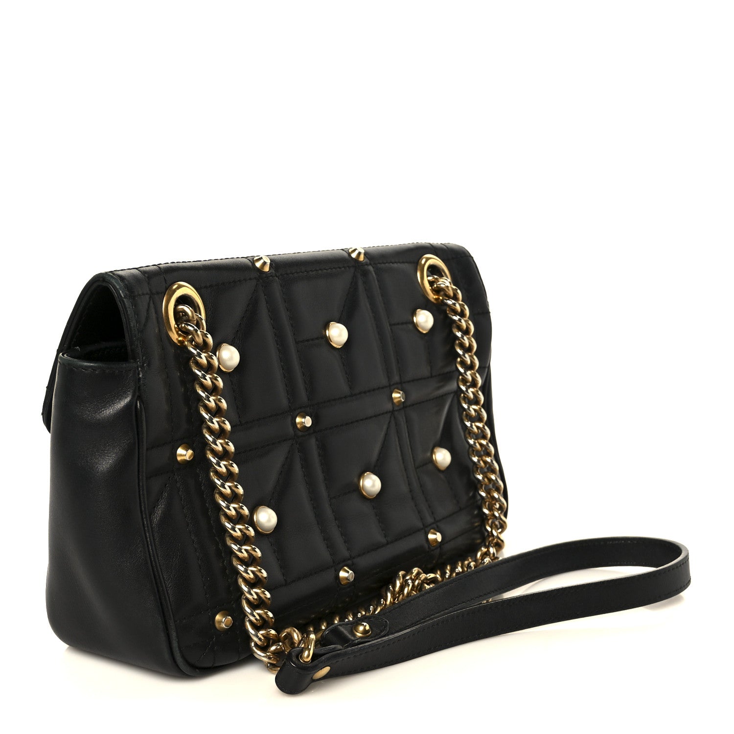 Gucci Calfskin Matelasse Studded Small Pearly GG Marmont Shoulder Bag Black 3 of 11