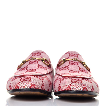 Gucci Canvas GG Monogram Horsebit Womens Jordaan Loafers 38 Gardenia Hibiscus Red 2 of 9