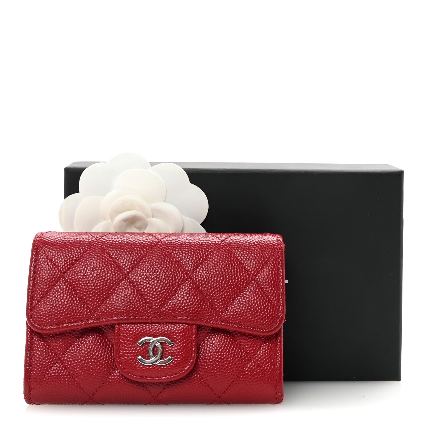 Caviar Quilted Flap Card Holder Wallet Red