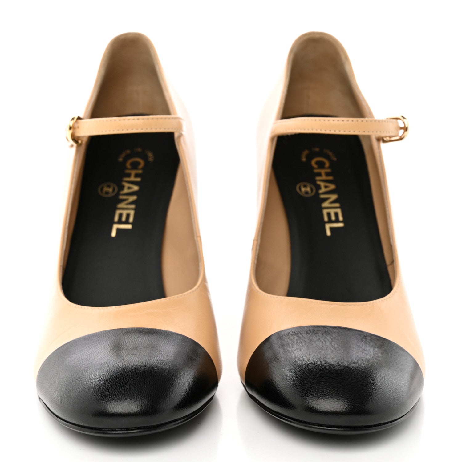 Chanel Shiny Goatskin Pearls Cap Toe Open Slingback Pumps 39.5 Beige Black 2 of 12