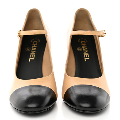 Chanel Shiny Goatskin Pearls Cap Toe Open Slingback Pumps 39.5 Beige Black 2 of 12