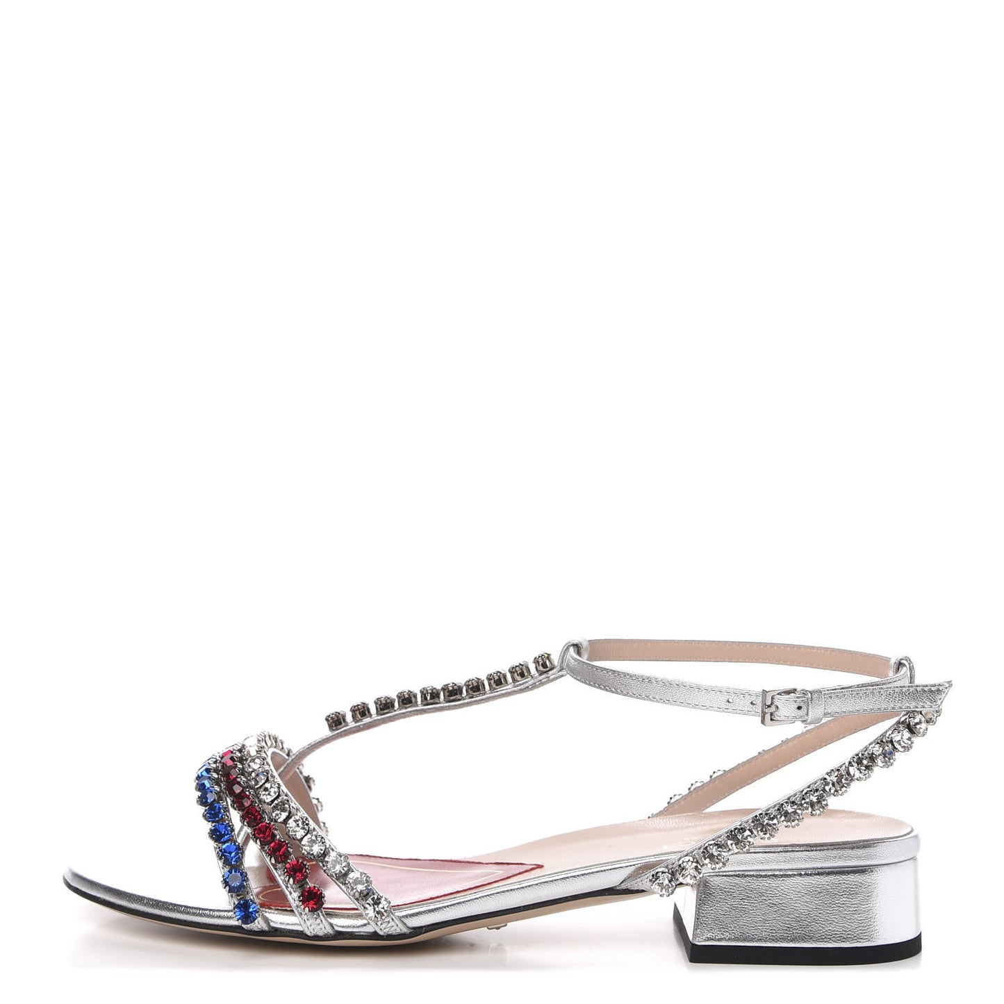 Nappa Silk Crystal Bertie T-Strap Low Heel Sandals 35.5 Argento