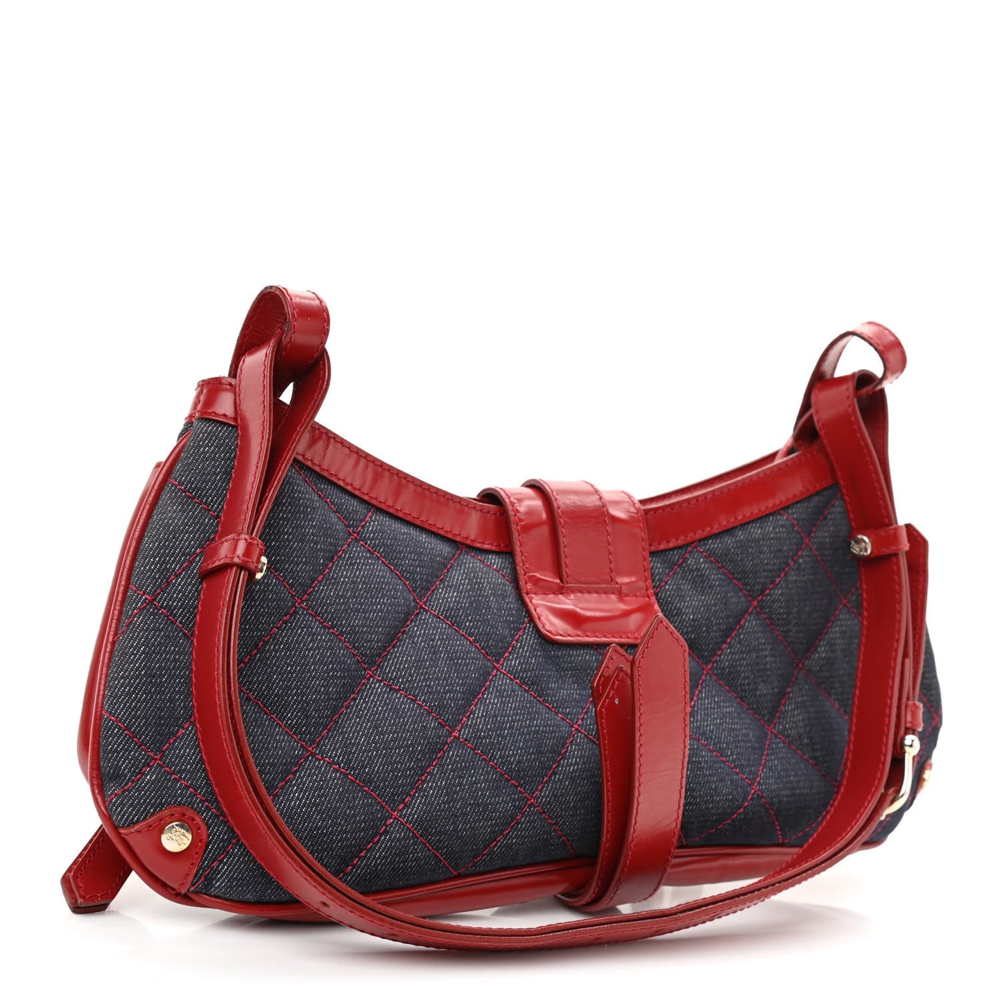 Shiny Calfskin Denim Quilted Shoulder Bag Blue Red