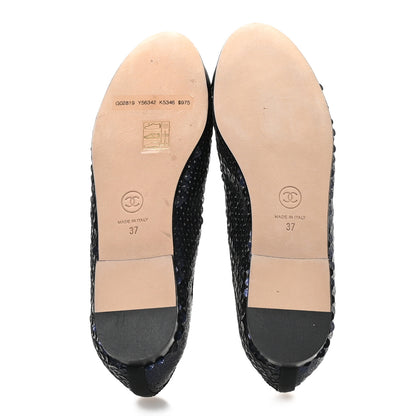 Chanel Glittered Muslin Grosgrain Cap Toe Ballerina Flats 37 Navy Blue Black 6 of 8