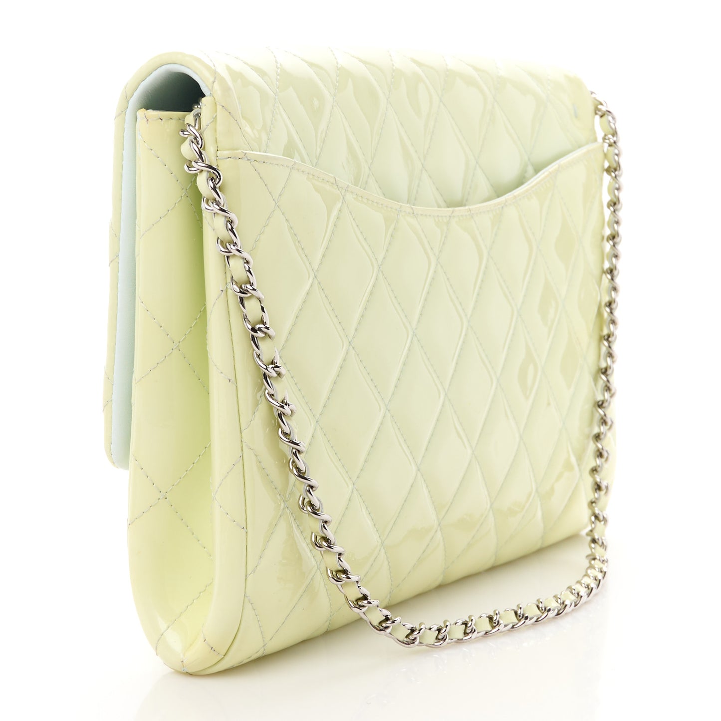 Patent Quilted Clutch with Chain Flap Light Green