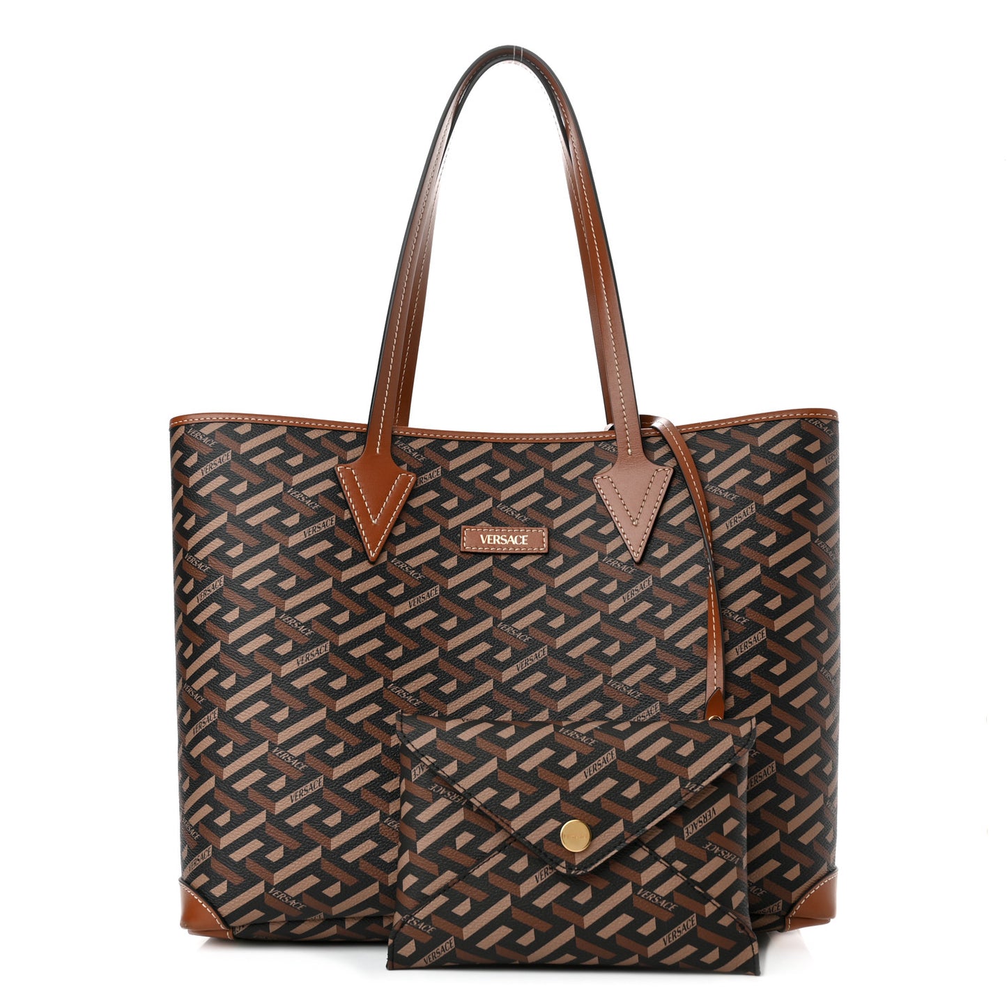Coated Canvas Calfskin La Greca Signature Shopper Tote Bag Black Caramel