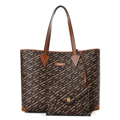 Versace Coated Canvas Calfskin La Greca Signature Shopper Tote Bag Black Caramel 1 of 9